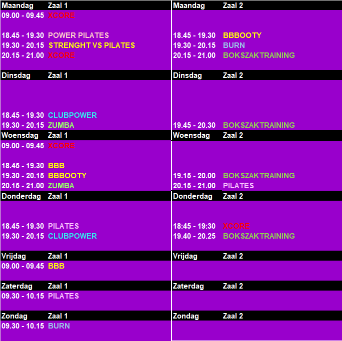Lesrooster sportschool Veenendaal Lesrooster sportschool Veenendaal