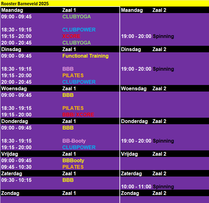 Rooster 2026 barneveld Lesrooster sportschool Barneveld